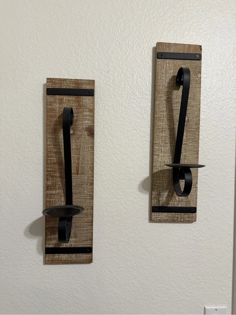 Rustic Brown Wood Wall Candle Sconces with Black Metal Holders - Set of 2